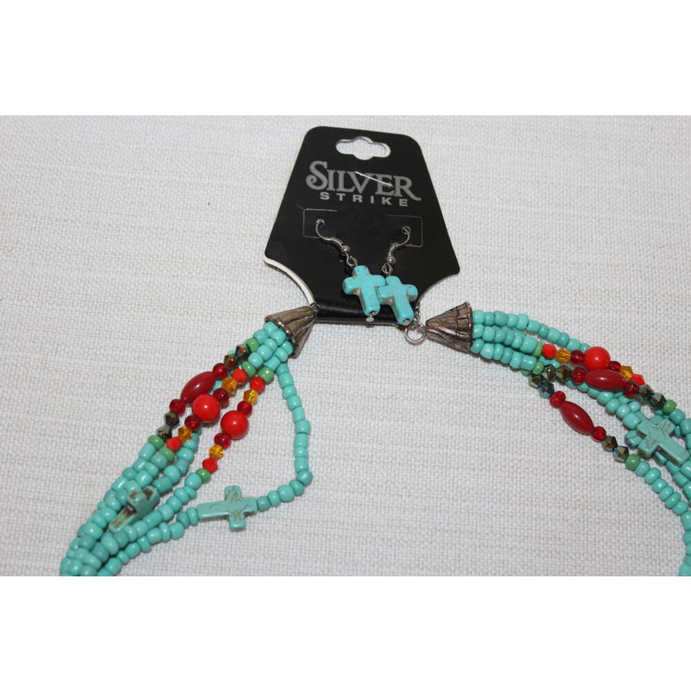Silver Strike Multi-Strand Beaded Necklace Earrings Set  Turquoise Cross Accents - Picture 2 of 3